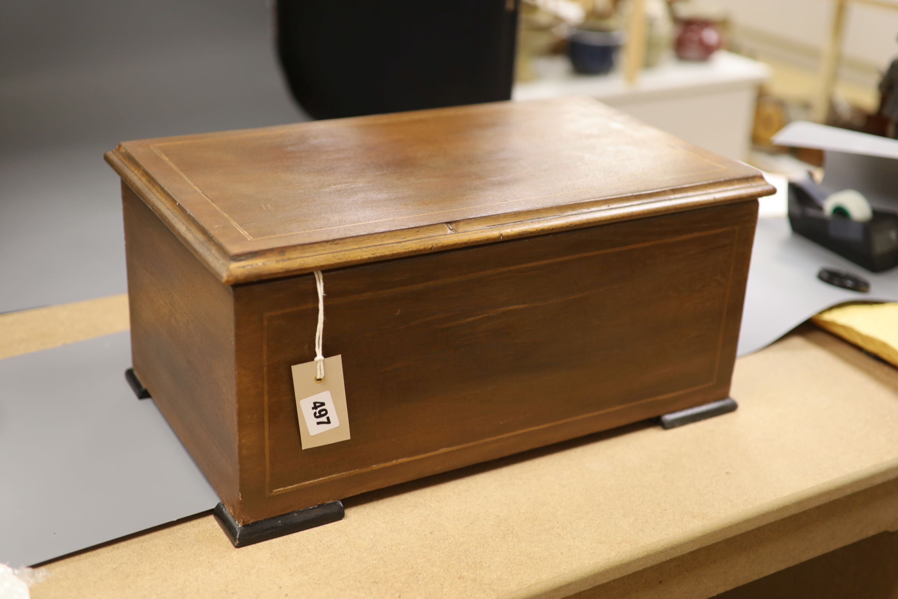 A late 19th century Swiss 10 air music box with butterfly strikers, barrel length 16.5cm